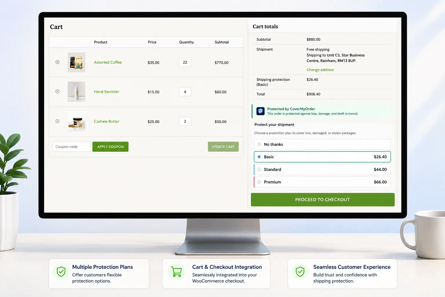 Opt-in shipping protection toggle shown as a line item in the WooCommerce Checkout Block, with a branded protection badge and the protection fee added to the cart total